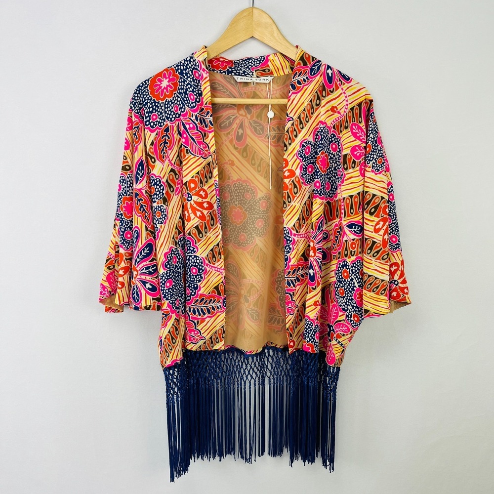 Trina Turk NWOT Kimono Jacket Cape Batik Macrame Fringe Sz S Beach Boho Festival